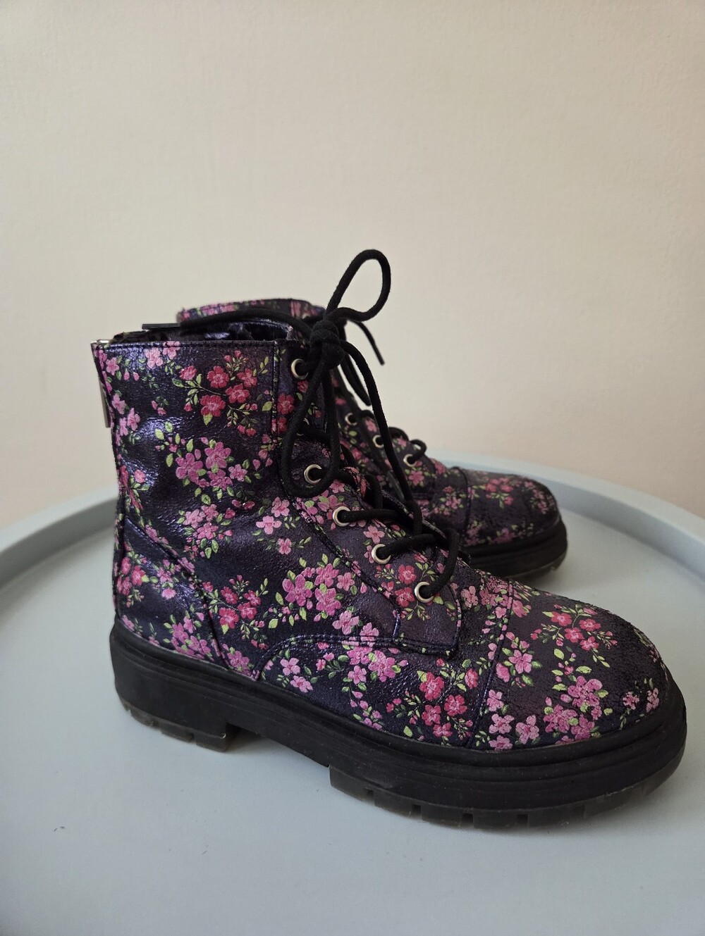 Nina Girls' Floral Lace-Up/Zip-Up Combat Boots - Black/Pink